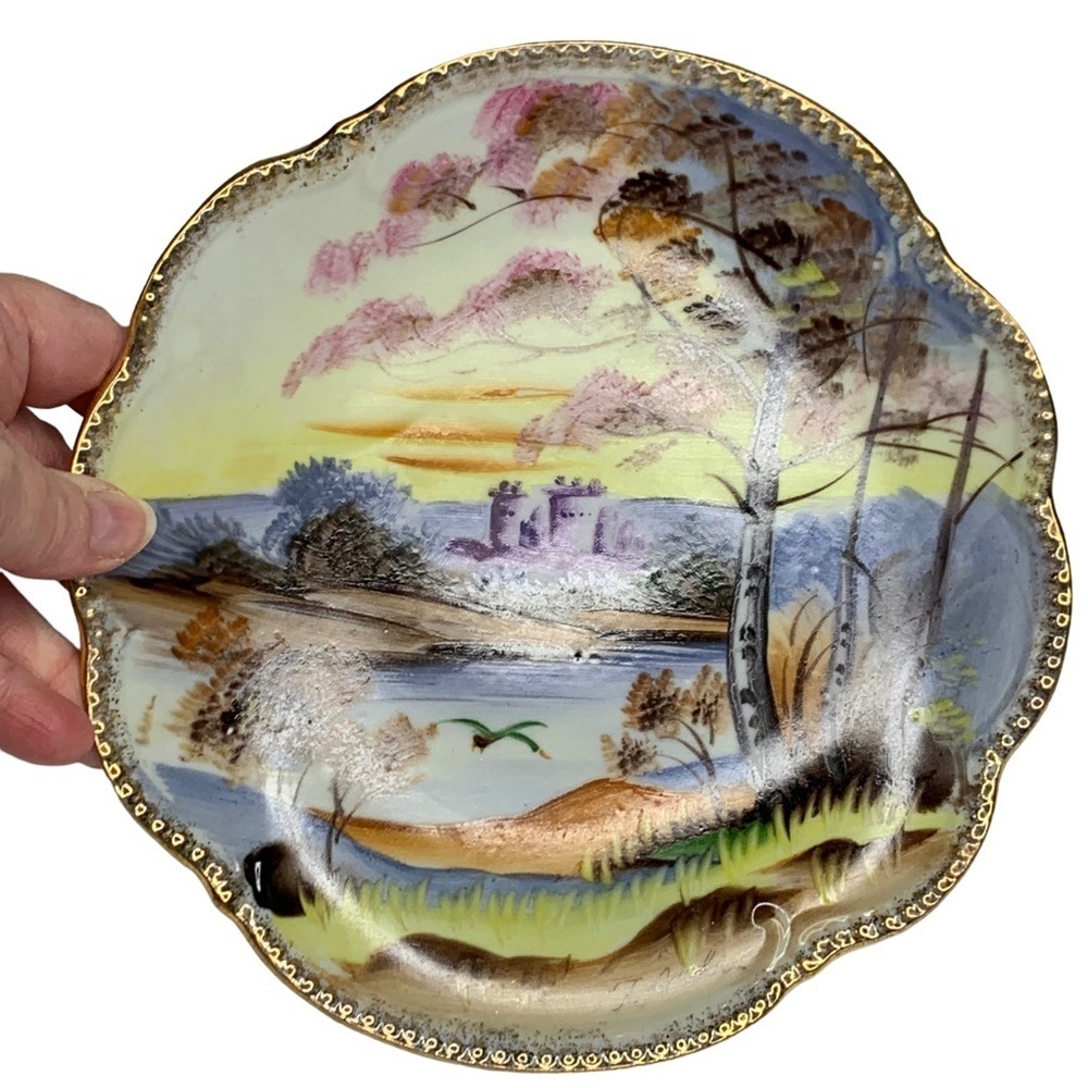 J. Aoki signed Decorative Hand painted Plate / Picture - Castle Lake Scene 8”
